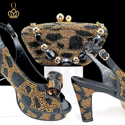 Italian Design Hard Bag & Open Toe High Heels Set Fuchsia Color Blocking Hot Rhinestones Fashion Sexy Women High Heels