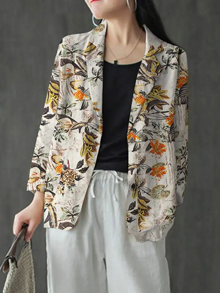 Women Cotton Blazer Vintage Lapel Neck Long Sleeve Thin Coats Autumn Elegant Work Suit Retro Floral Printed Loose Outwear
