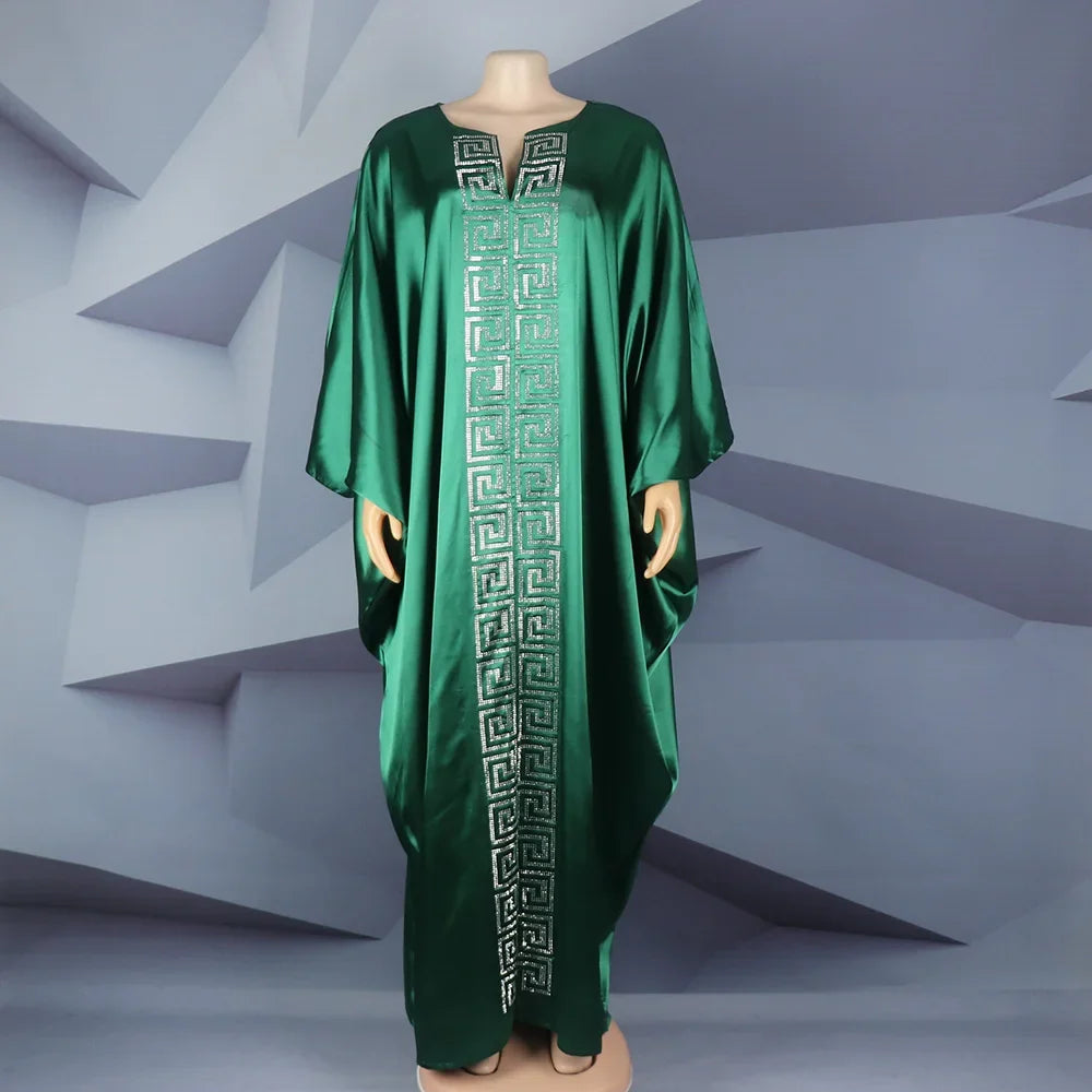 Fashion African Woman Large Size Bat Sleeve Dress Muslim Islamic Style Robe Imitation Silk Hot Fix Rhinestone