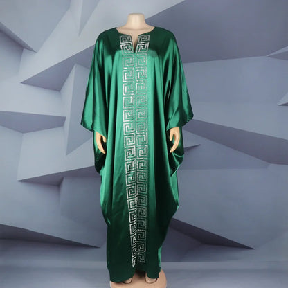 Fashion African Woman Large Size Bat Sleeve Dress Muslim Islamic Style Robe Imitation Silk Hot Fix Rhinestone