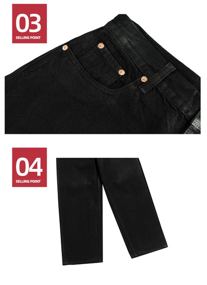 Men's Jeans Cotton Denim Casual Straight Leg Brush Wax Coating Black Pants ZJ086