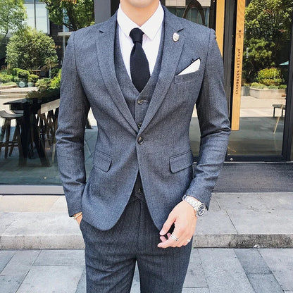 Blue Men Classic Striped/Checked Suits, Asian Size Slim Fit Business Office 3-Piece Sets, Black/Gray and Red Available.