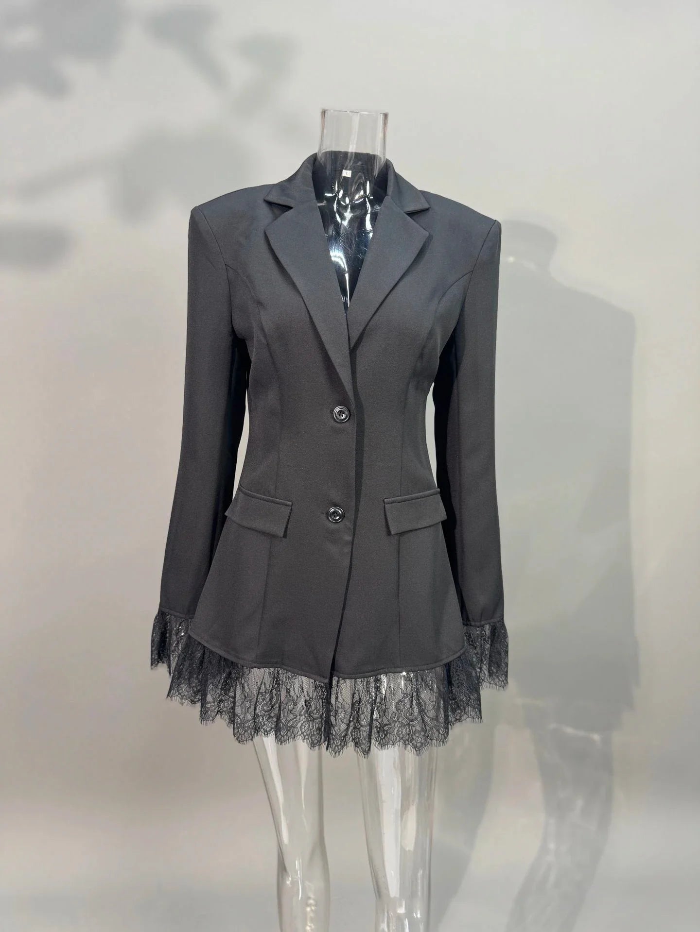 Elegant Lace Blazer Coat Women Fashion Office Lady Full Sleeve Single Breasted Jackets 2025 New Autumn Black Casual Slim Coats