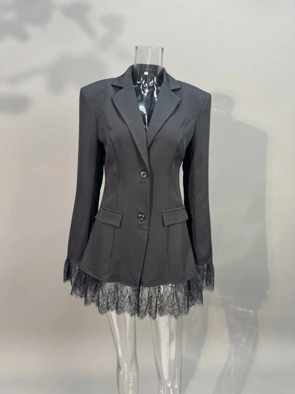 Elegant Lace Blazer Coat Women Fashion Office Lady Full Sleeve Single Breasted Jackets 2025 New Autumn Black Casual Slim Coats