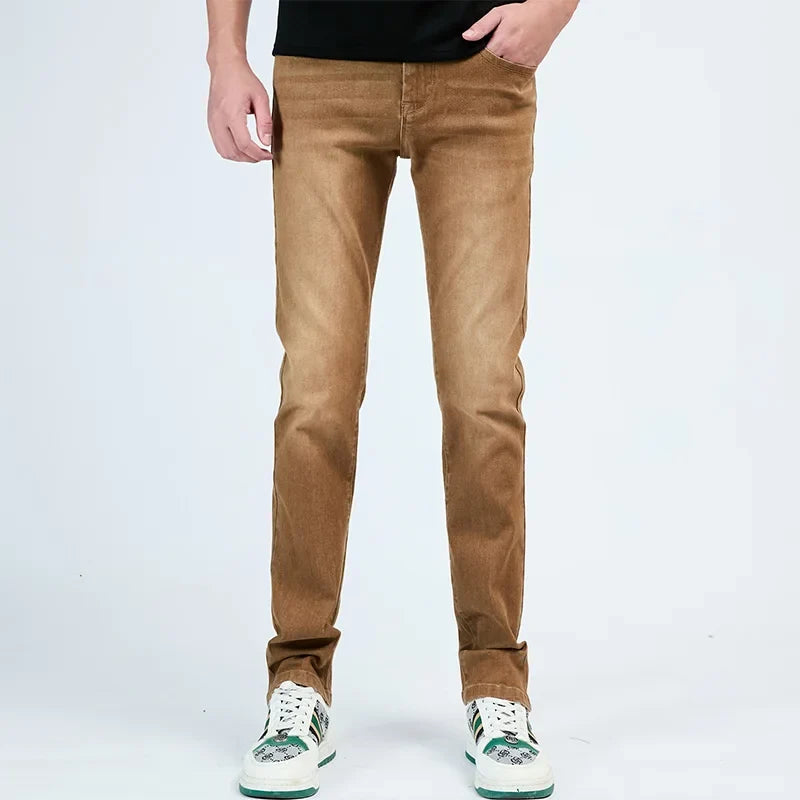 2025 Autumn New Men's Slim Elastic Jeans Fashion Korean Small Straight Pencil Pants Soft Comfortable Casual Green Denim Pants