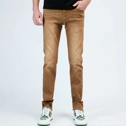 2025 Autumn New Men's Slim Elastic Jeans Fashion Korean Small Straight Pencil Pants Soft Comfortable Casual Green Denim Pants