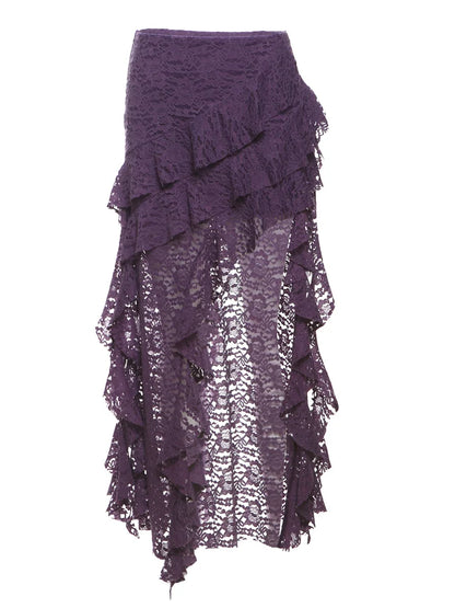 Women Tassel Skirt Irregular Hem Multi Layered Ruffles Lace Patchwork Sweet Summer Daily Wear Skinny Versatile Purple Skirt