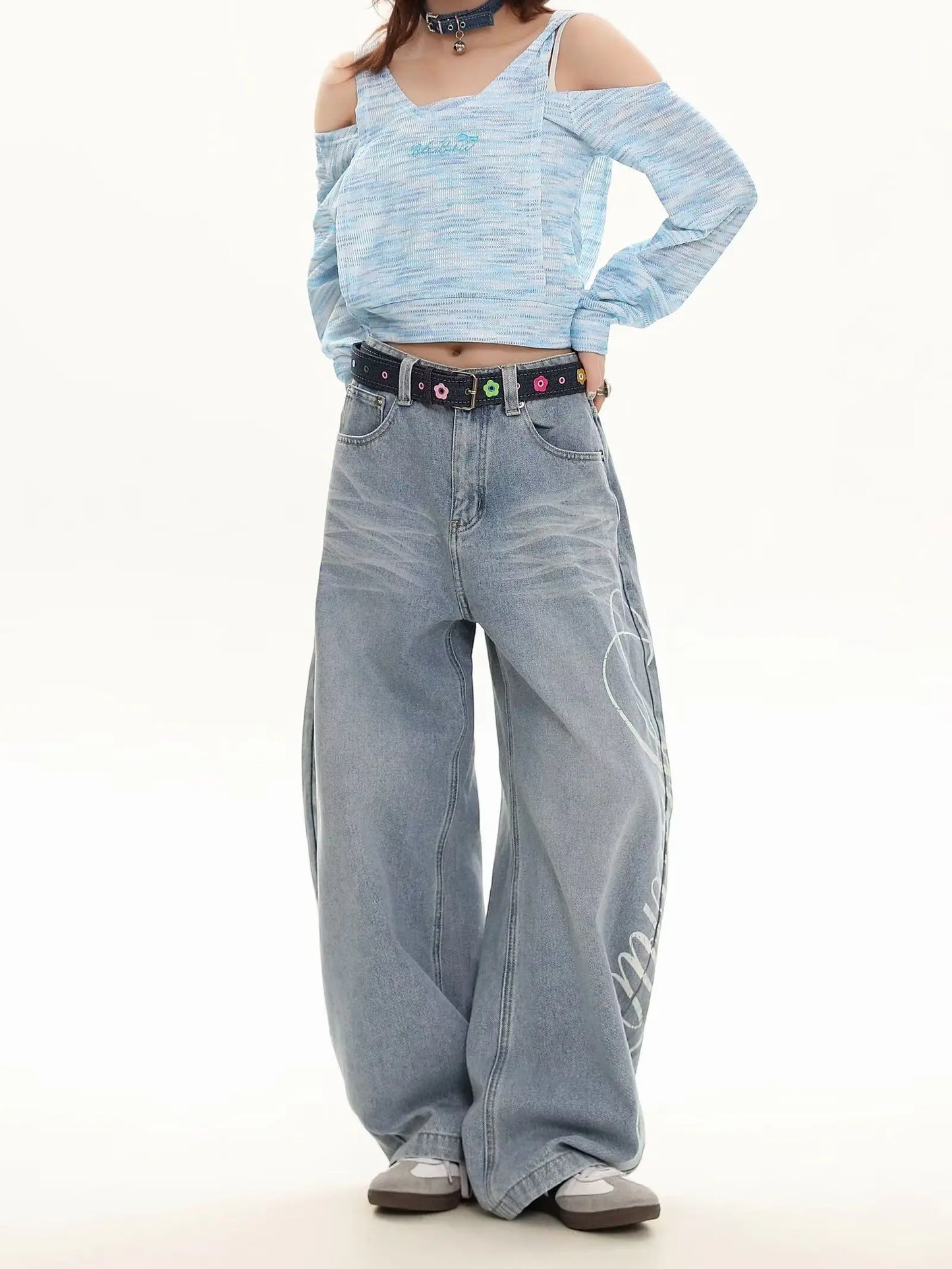 Blue Loose Wide Leg Jeans Women's Fashion High Waist Straight Cut Casual Trousers Autumn New Style Slimming Effect Cotton Pol...