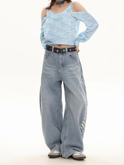 Blue Loose Wide Leg Jeans Women's Fashion High Waist Straight Cut Casual Trousers Autumn New Style Slimming Effect Cotton Pol...
