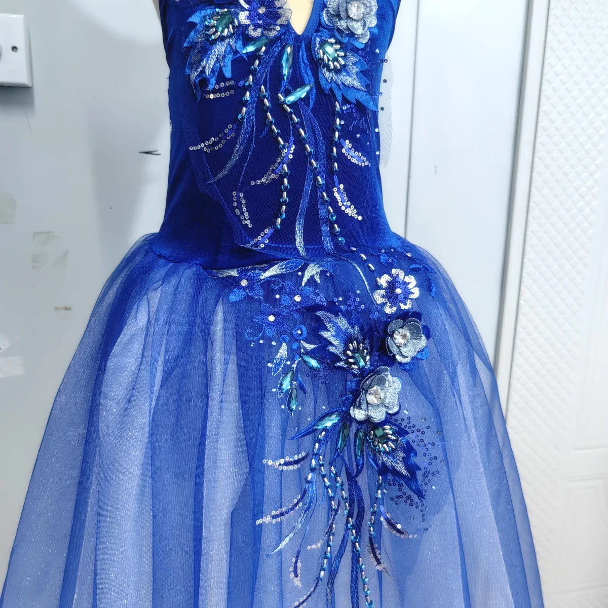 Long Ballet Tutu Skirts Blue 3d Flower Dress Performance Costumes Princess Dance Practice Romantic Dress
