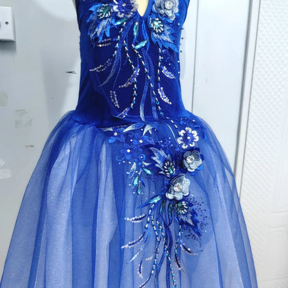Long Ballet Tutu Skirts Blue 3d Flower Dress Performance Costumes Princess Dance Practice Romantic Dress