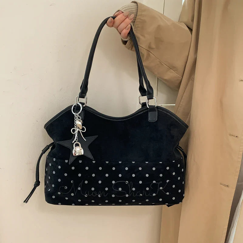 Vintage Frosted Tote Bag Casual Students Purse Large Capacity Shoulder Bag Polka Dot Drawstring Zipper Handbag With Star Pendant
