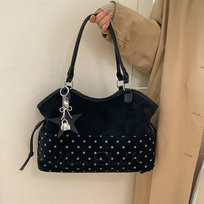 Vintage Frosted Tote Bag Casual Students Purse Large Capacity Shoulder Bag Polka Dot Drawstring Zipper Handbag With Star Pendant