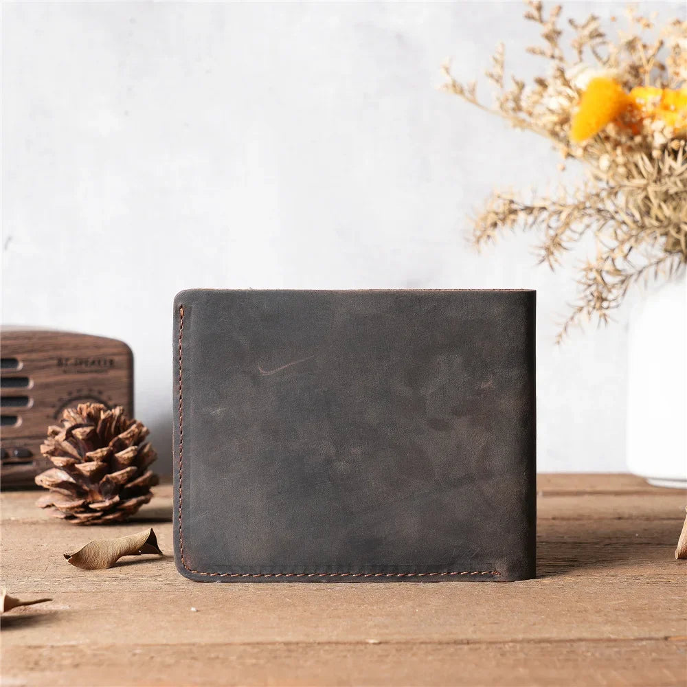 Men Handmade Crazy Horse Leather Wallet Men's Casual Simple Horizontal First Layer Cowhide Short Genuine Leather Clutch