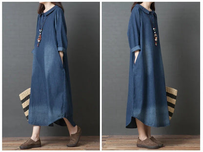 Women's Denim Dr Long Sve Loose Fit irt Sle Autumn Spring Faion plus Size Clothing Meat Concealing Slimming Skirt