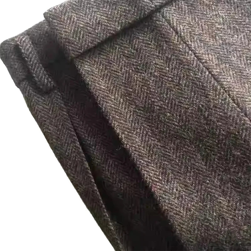 American-Style Retro Tweed High-Waisted Herringbone Wool Casual Straight-Leg Men's Trousers for Autumn and Winter in Large Sizes