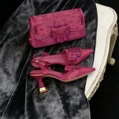 Fuchsia Rhinestone High Heel Shoes & Matching Bag Fashionable Pointed-Toe Footwear for Women - Perfect for Parties