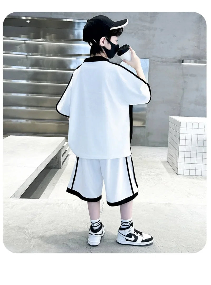 Summer Boys Patchwork Alphabet Preppy T-Shirt Tops+Drawstring Shorts Pant Set School Kids 2PCS Tracksuit Children Outfits 5-16Yr