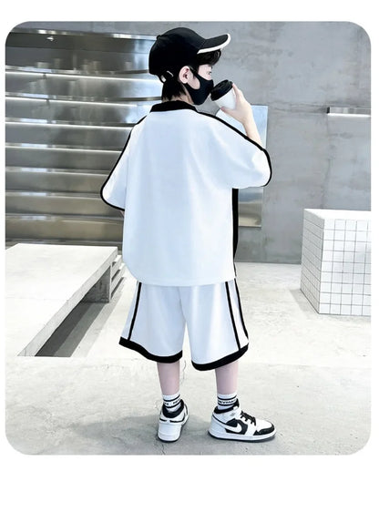 Summer Boys Patchwork Alphabet Preppy T-Shirt Tops+Drawstring Shorts Pant Set School Kids 2PCS Tracksuit Children Outfits 5-16Yr