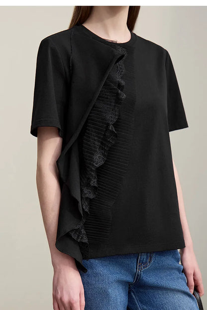 Women's T-Shirt 2026 Summer New Round Neck Ruffle Hem Cotton Tee Lace Trim Short Sleeve Loose Fit Top For Women 12642012
