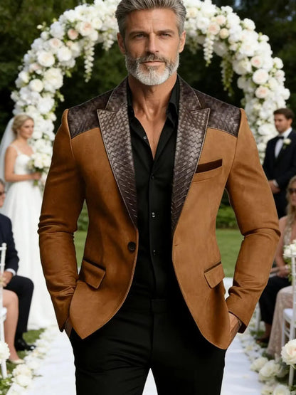 Men's Faux Suede Jacket with PU Leather Collar & Shoulder Two-Tone Blazer Contrast Trim Coat