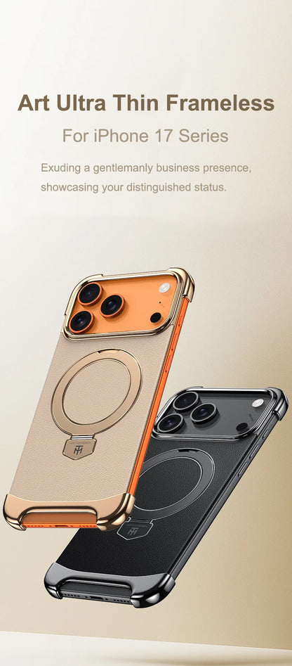 Luxury Leather Ultra Thin Frameless Magnetic Case For iPhone 17 16 15 14 13 Pro Max 17Air 17Pro Metal Bracket Anti-Drop Bumper