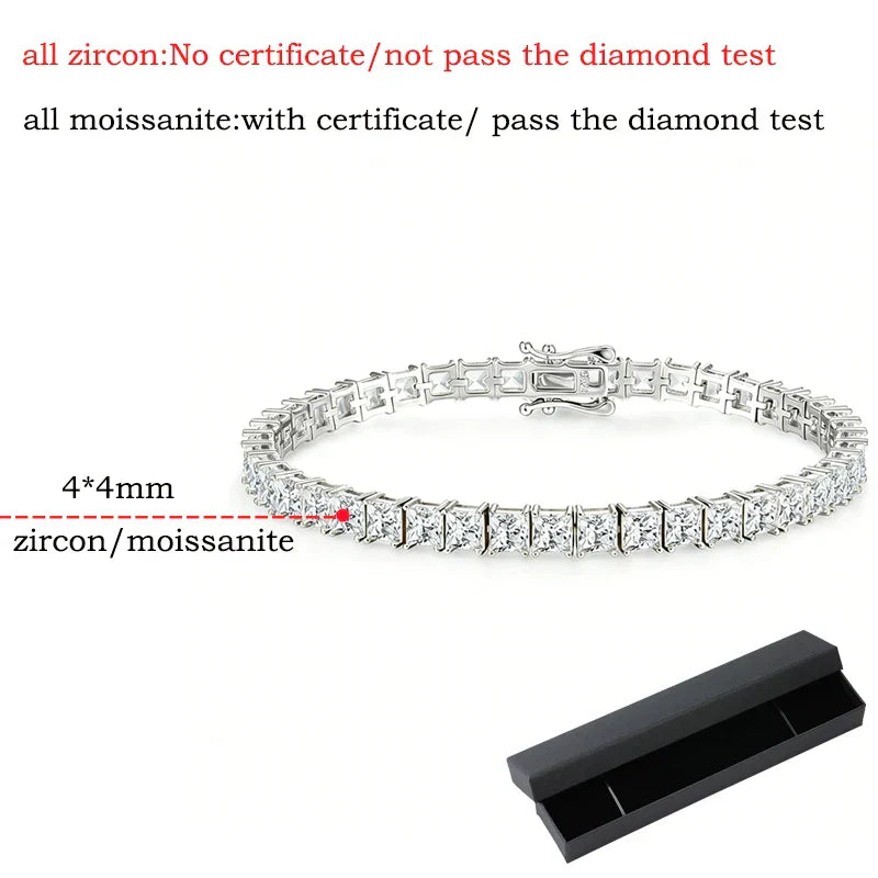 4*4mm D Color Princess Cut Moissanite Tennis Bracelet Hip-hop Men's Jewelry Square Chain for Women Real Pure 925 Silver