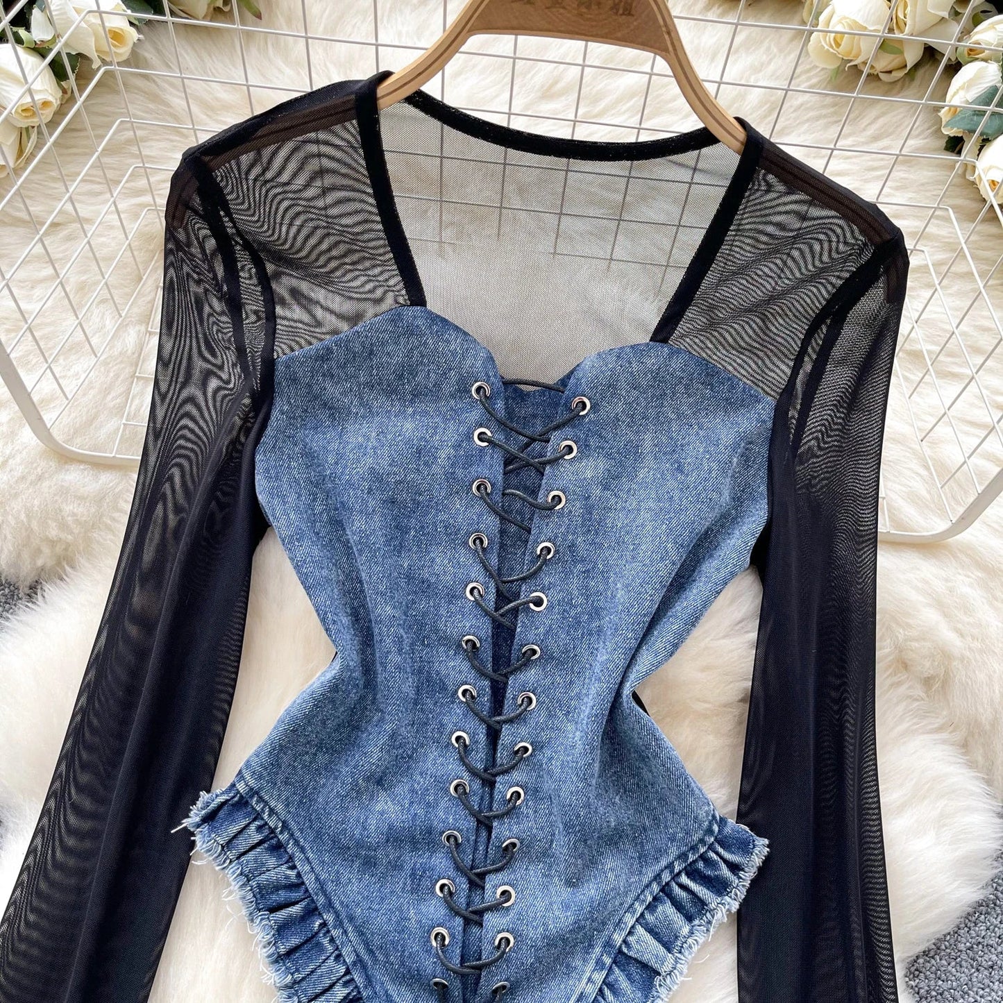 American Retro Patchwork Sexy Blouse 2024 Women Squre Neck Long Sleeves Sheer Top Streetwear Ins Lace Up Denim Shirt