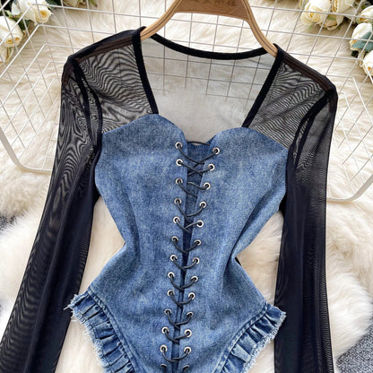 American Retro Patchwork Sexy Blouse 2024 Women Squre Neck Long Sleeves Sheer Top Streetwear Ins Lace Up Denim Shirt