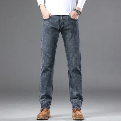 Fashion Light Blue Slim Straight Jeans Men's Spring Autumn Elastic Comfortable Denim Pants Korean Casual Business Trousers