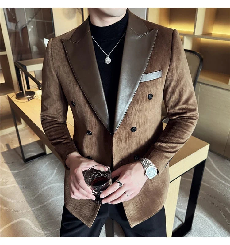 British Style Luxury Men Double Breasted Suit Jacket High Quality Fashion PU Leather Neck Spliced Coats Groom Social Party Dress