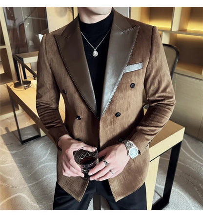 British Style Luxury Men Double Breasted Suit Jacket High Quality Fashion PU Leather Neck Spliced Coats Groom Social Party Dress
