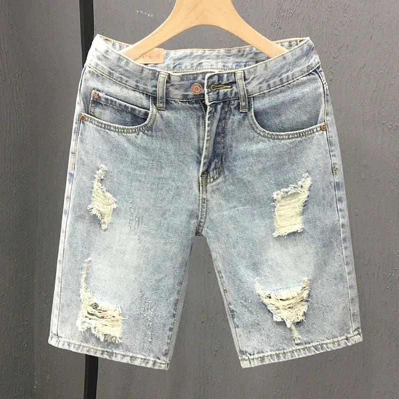 2026 Mens Summer Distressed Denim Shorts Baggy Casual Ripped Jeans Straight Leg Five Inch Shorts Streetwear Loose Fit