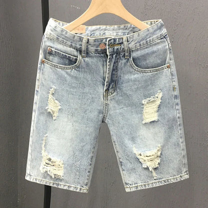 2026 Mens Summer Distressed Denim Shorts Baggy Casual Ripped Jeans Straight Leg Five Inch Shorts Streetwear Loose Fit