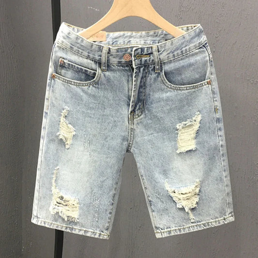 2026 Mens Summer Distressed Denim Shorts Baggy Casual Ripped Jeans Straight Leg Five Inch Shorts Streetwear Loose Fit