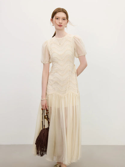 2025 Summer Women's Mesh Embroidery Dress Hollow Out Splicing Bubble Sleeves Waist Tie Y2K Trendy Boho Chic 25FS12832