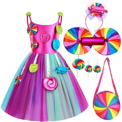 2025 Purim Festival Suspender Rainbow Dress For Girl Candy Lollipop Costume Party Gift Candy Dress + Lollipop Accessories Suit