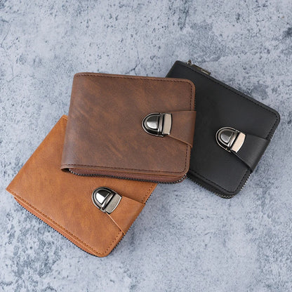 New Men's Short Wallet Retro Lock Business Large Capacity Multi-Card Slot Money Clip Change Purse Zipper Coin Pouch