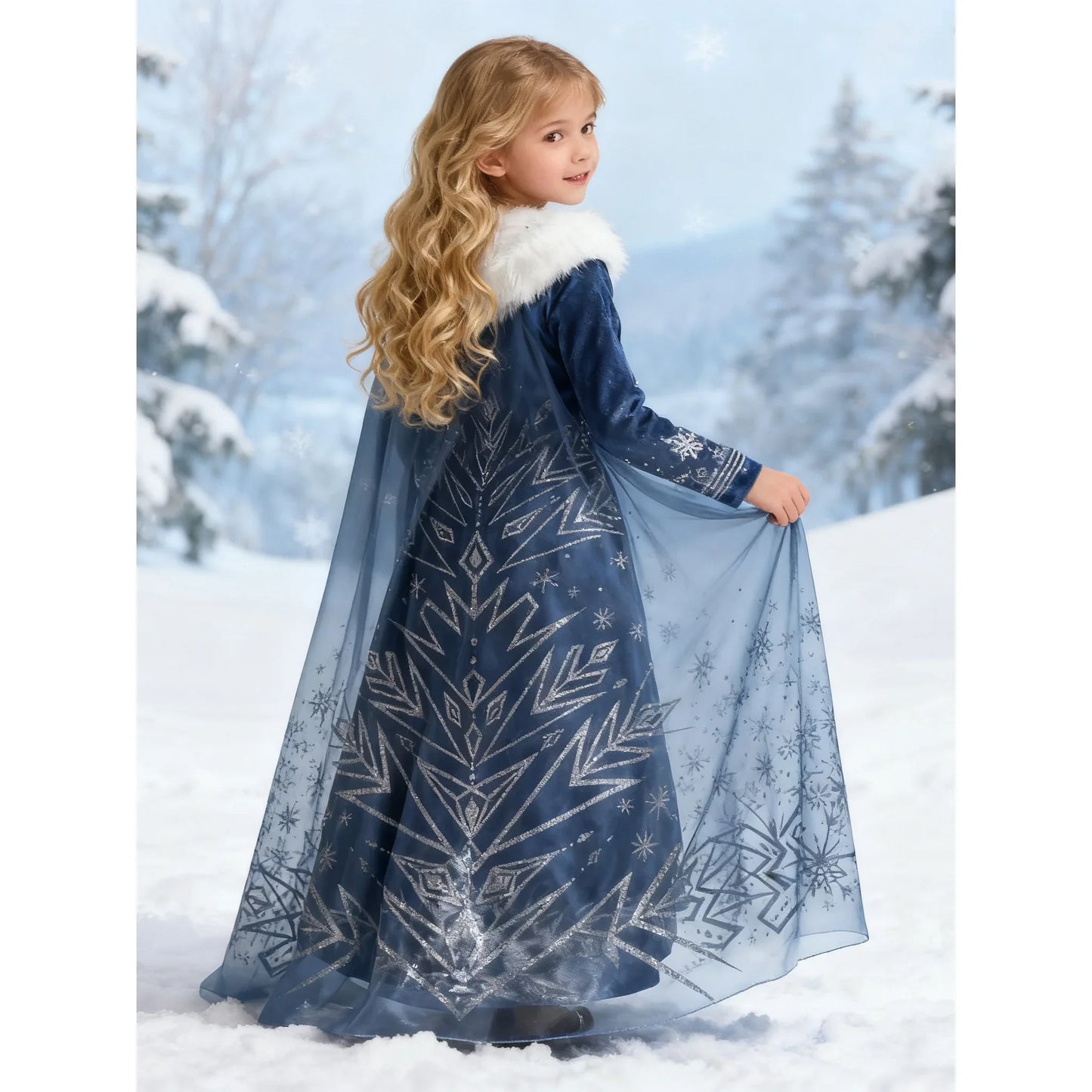 Blue Snowflake Princess Dress Winter Long Sleeve Fur Collar Snow Queen Costume Dress Girl Elsa New Year Christmas Party Clothes