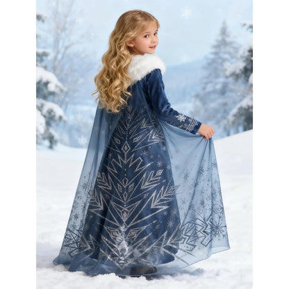 Blue Snowflake Princess Dress Winter Long Sleeve Fur Collar Snow Queen Costume Dress Girl Elsa New Year Christmas Party Clothes