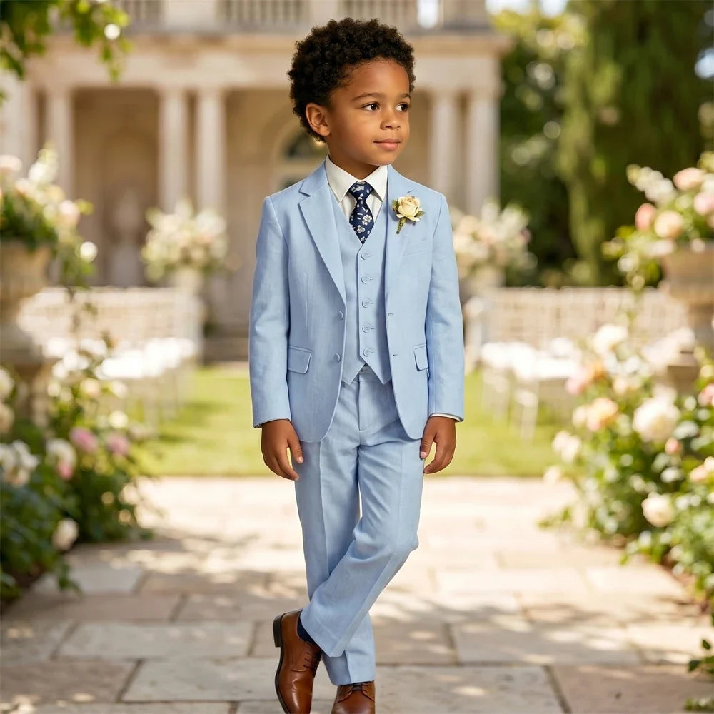 Boy's Linen Suit , 4 Piece Regular Fit Tuxedo for Kids, Jacket Vest Pants Tie Communion Piano Preformance Ring Bearer Suits