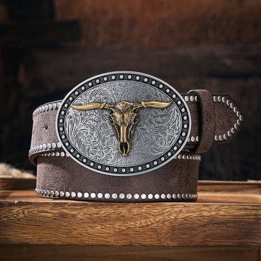 Men & Women-Western-Cowboy-PU Leather-Belts - Vintage Horse Belt Floral Engraved Buckle Belt for Jeans