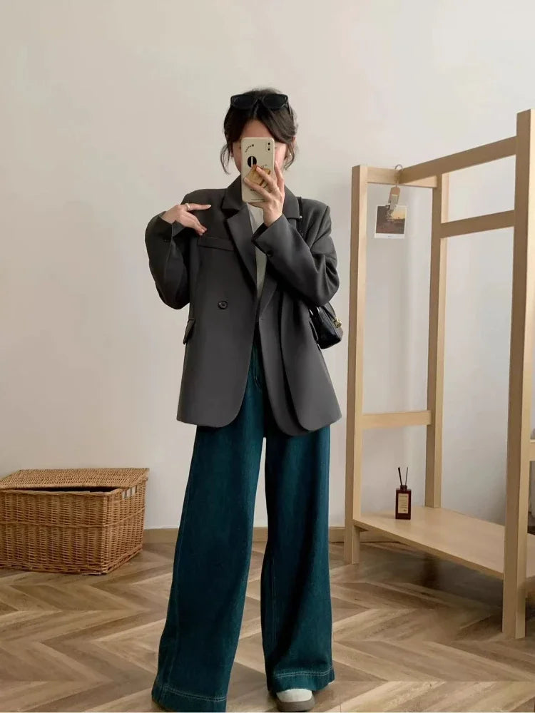 Spring Women Blazer Office Lady New Suits Female Vintage Breasted Jacket Casual Pockets Women's Suits Coat Blazers Suits