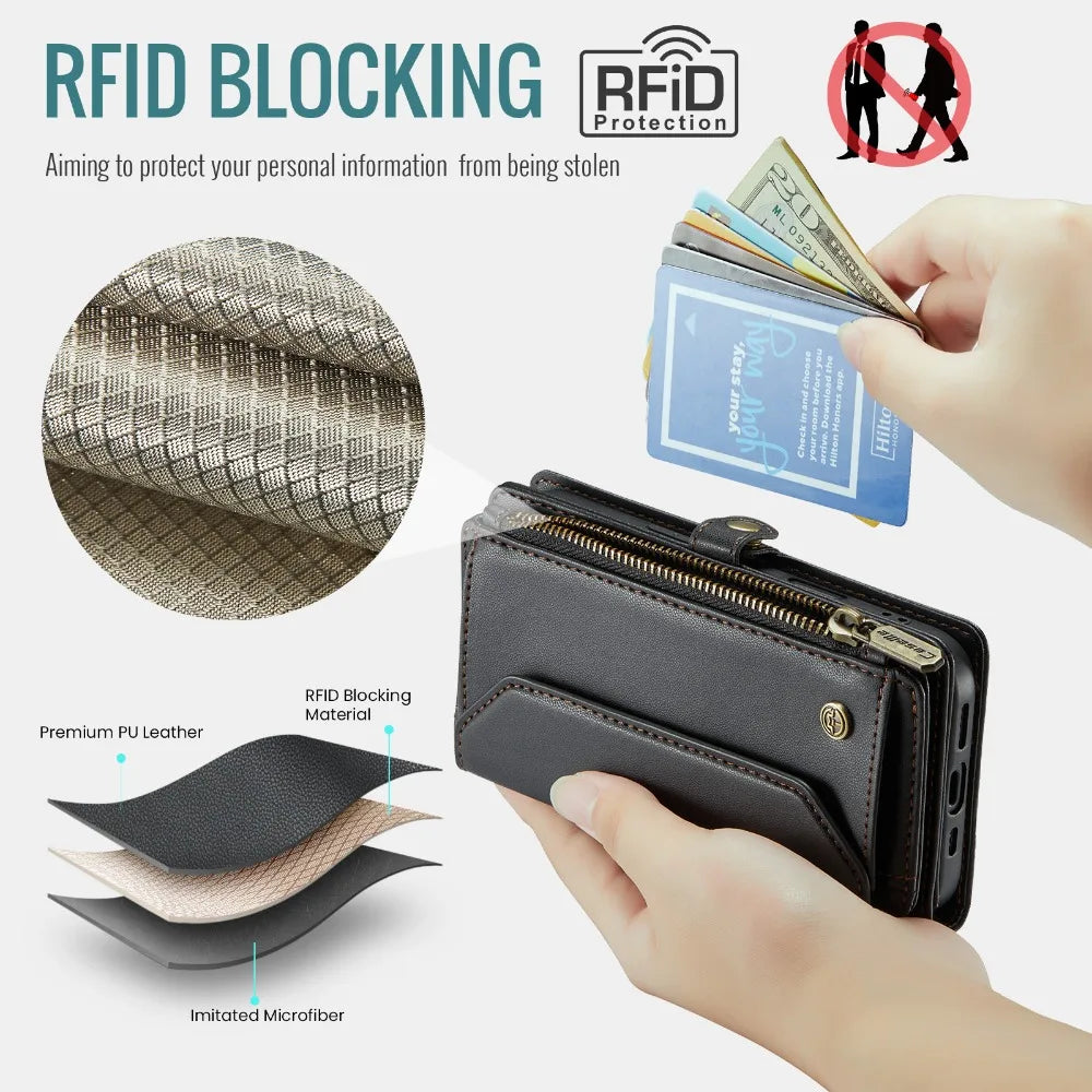 Case for iPhone 17 16e 16 15 14 13 12 11 Pro Max Leather Strap Zipper Card Holder Phone Wallet  Case