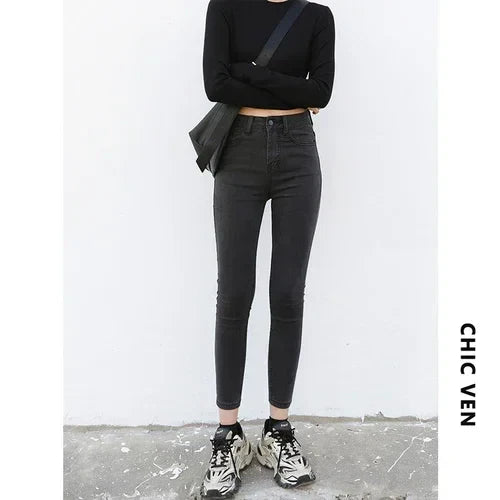 Women Jeans Retro High Waist Stretch Pencil Denim Pants Elastic for Woman Female Trousers Autumn Winter Ladies