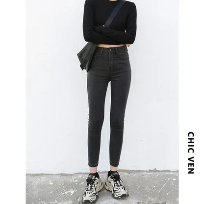 Women Jeans Retro High Waist Stretch Pencil Denim Pants Elastic for Woman Female Trousers Autumn Winter Ladies