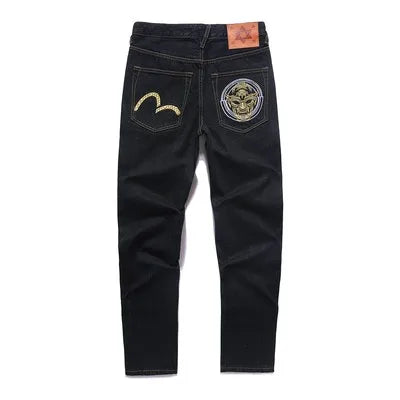 Japanese Handmade Embroidered Jeans Men's Pure Cotton Straight Tube Hip-Hop Popular Slim Red Ears Show Thin Trousers Devil