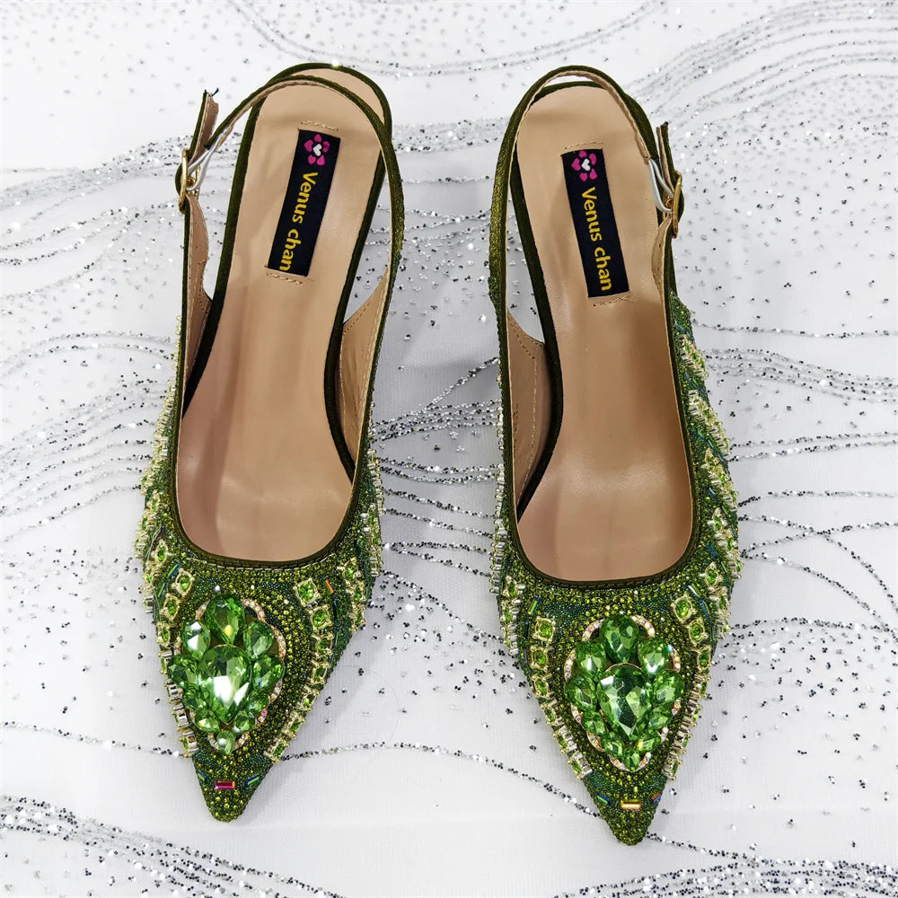Popular Pointed Women Shoes Heels and Bags Rhinestone Chain Ladies Wedding Party Elegant and Luxurious Fashion