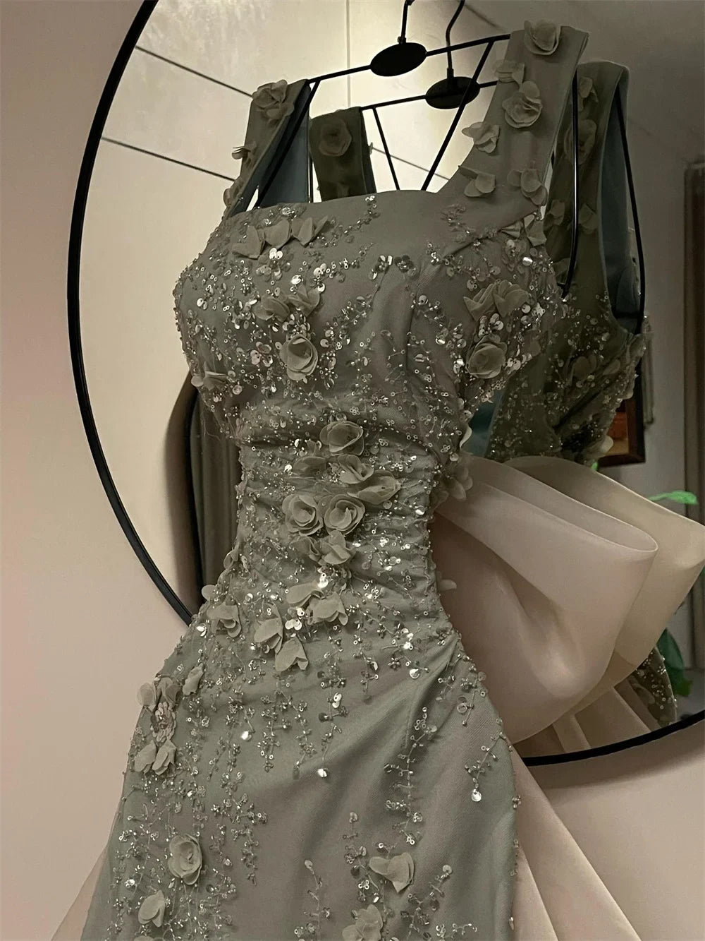 Customized Beaded Square Neck Sleeveless Prom Dress Long A Line Formal Evening Gown Floral Appliques Bow Back Design