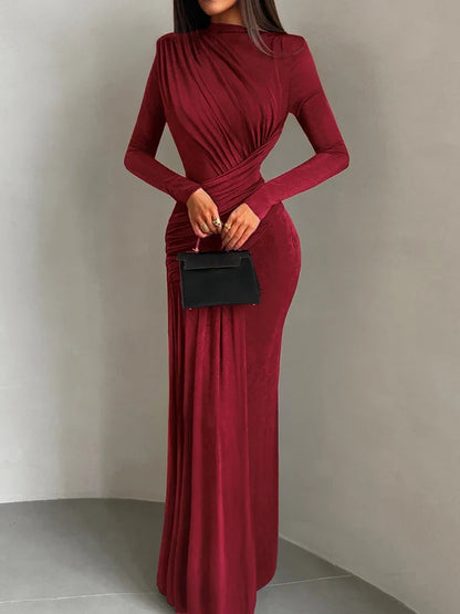 Folds Maxi Dress Women O-Neck Full Sleeve Solid Banquet Elegant Vacation Fashion Autumn Skinny Casual Simple Vestido
